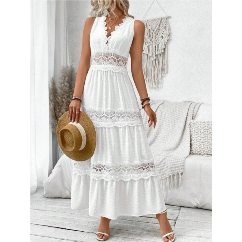 ZARA Summer Womens Lace Patchwork Collar Sleeveless Dress
